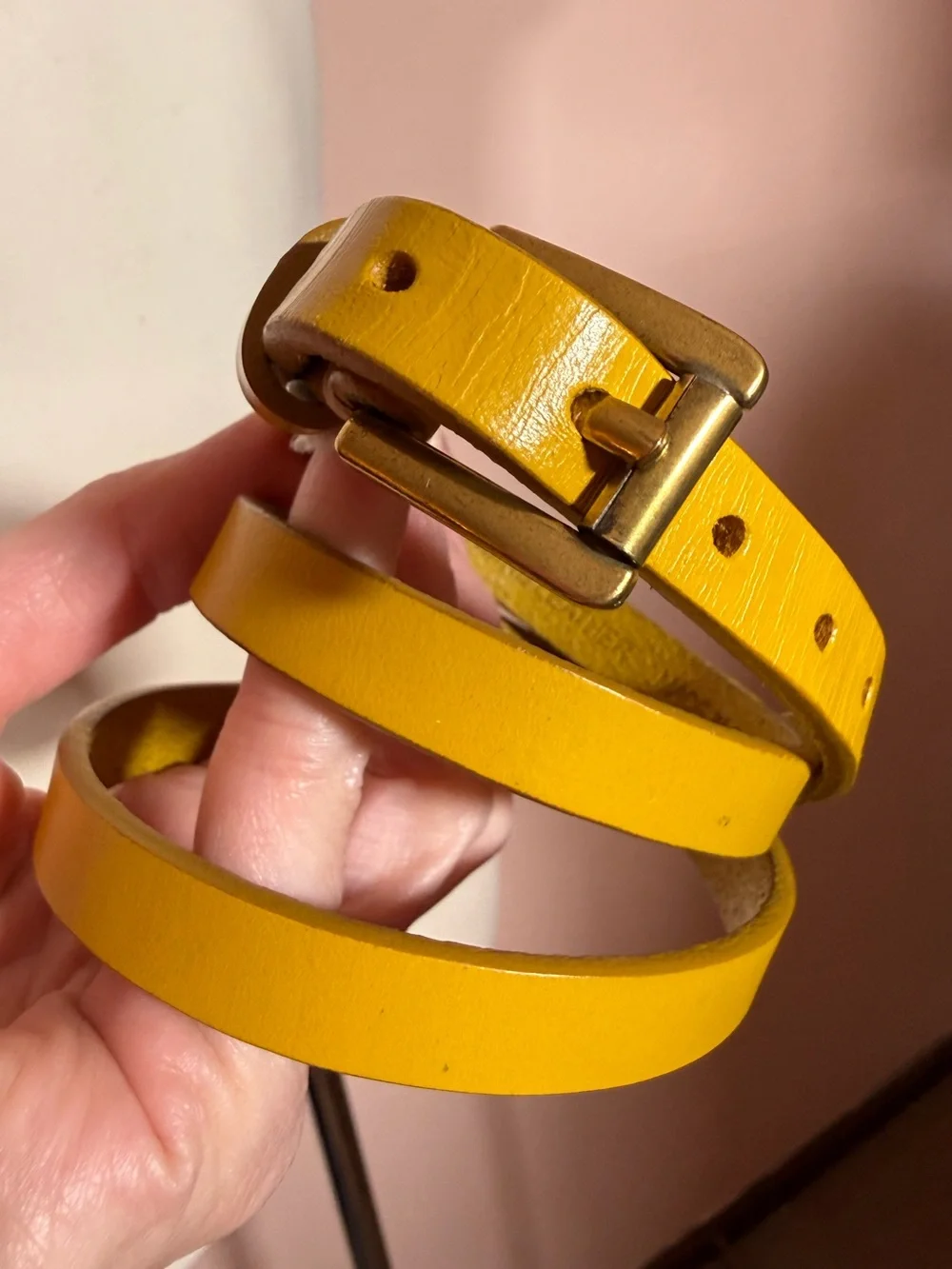 Vintage retro yellow leather minimalist ultra skinny Belt small medium